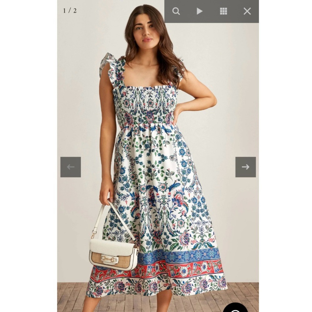 Anne Klein Floral Smocked Ruffle Sleeve Midi Dress